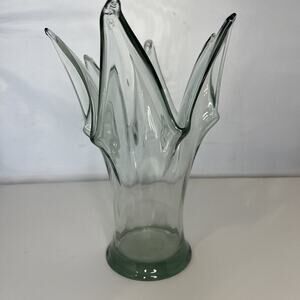 Vintage Crystal Swung Vase Centerpiece 7x10” MCM Slight Green Tint Bottom 4”